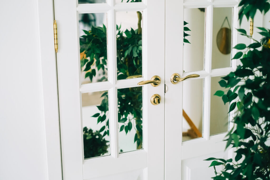 Wooden door replacement with mirror glass in a home garden.